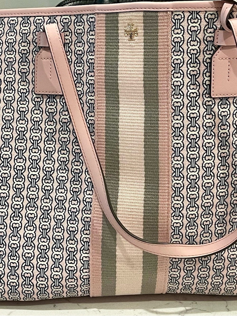 Tory Burch Pink Chain-Print Shoulder Tote with Stripe Detail—FREE WALLET!! - Picture 2 of 7